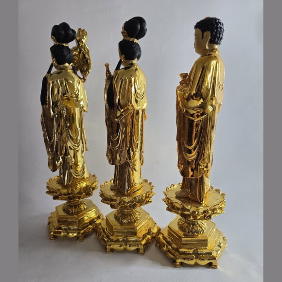 Rare Gorgeous Bronze Gilt Buddha Statue Set of 3 - Picture 10 of 10